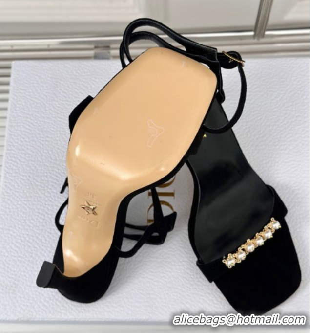 Most Popular Dior Suede High Heel Sandals 10cm with Pearls Black 604004