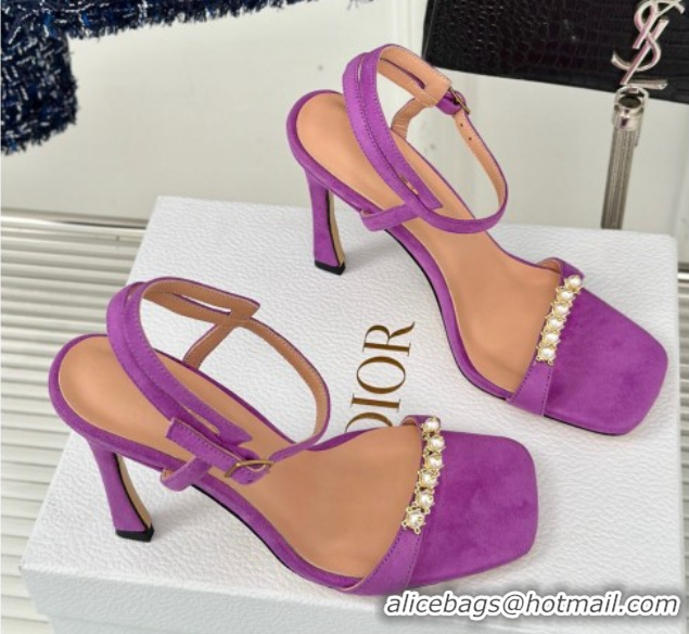 Sumptuous Dior Suede High Heel Sandals 10cm with Pearls Purple 604005