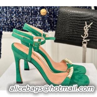 Best Price Dior Suede High Heel Sandals 10cm with Pearls Green 604007