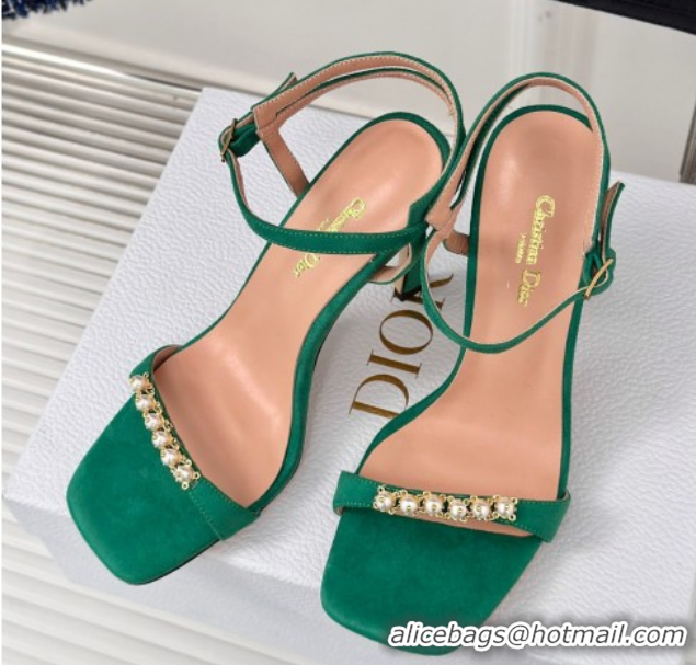 Best Price Dior Suede High Heel Sandals 10cm with Pearls Green 604007