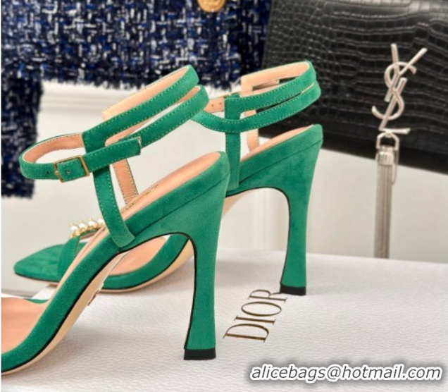 Best Price Dior Suede High Heel Sandals 10cm with Pearls Green 604007