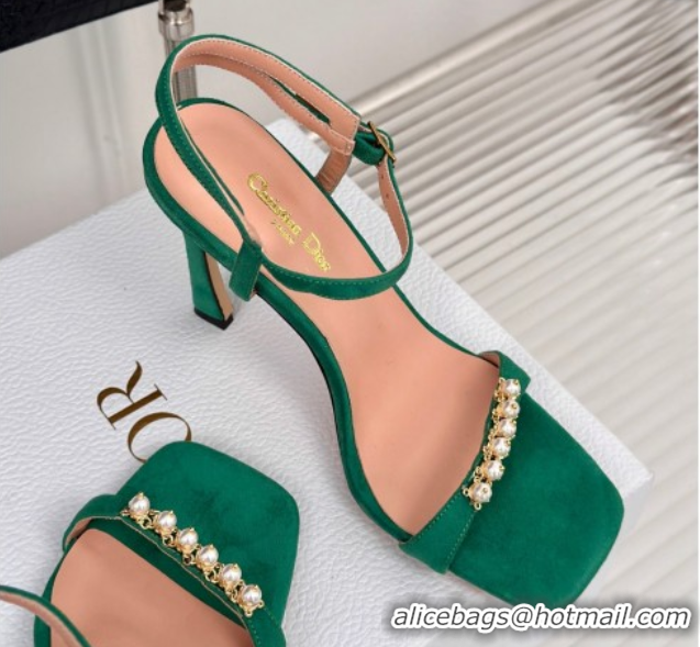 Best Price Dior Suede High Heel Sandals 10cm with Pearls Green 604007