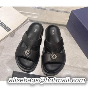 Good Quality Dior Men's Aqua CD Slide Sandals in Black Calfskin 604008