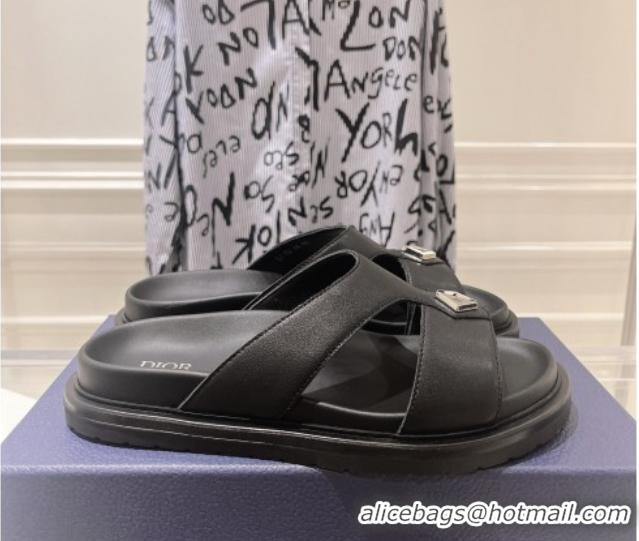 Good Quality Dior Men's Aqua CD Slide Sandals in Black Calfskin 604008