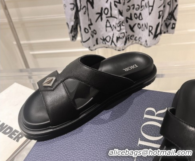 Good Quality Dior Men's Aqua CD Slide Sandals in Black Calfskin 604008