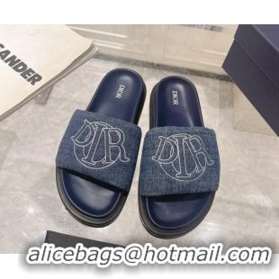 Popular Style Dior Men's Aqua Slide Sandals in Blue Quilted Denim 604011