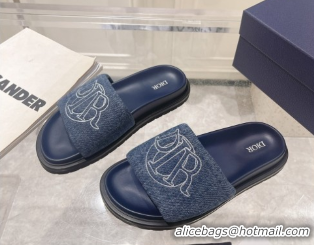 Popular Style Dior Men's Aqua Slide Sandals in Blue Quilted Denim 604011