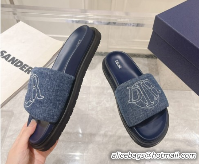 Popular Style Dior Men's Aqua Slide Sandals in Blue Quilted Denim 604011