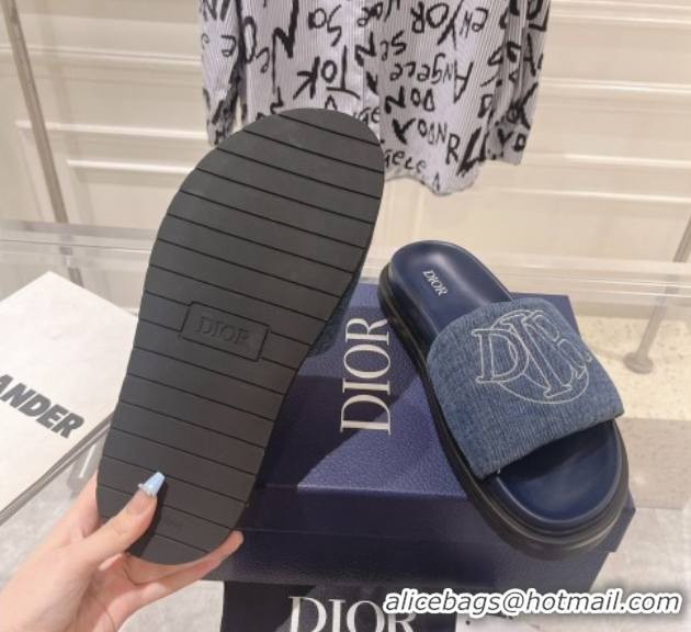 Popular Style Dior Men's Aqua Slide Sandals in Blue Quilted Denim 604011