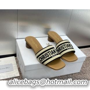 Stylish Dior Dway Heeled Slide Sandals 3.5cm in Natural Raffia Straw and Black Embroidered Cotton 604012