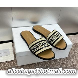 Low Price Dior Dway Flat Slide Sandals in Natural Raffia Straw and Black Embroidered Cotton 604013