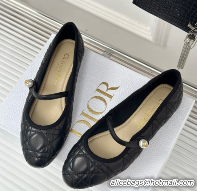 Classic Hot Dior Mary Janes Ballet Flats in Quilted Cannage Calfskin Black 604018