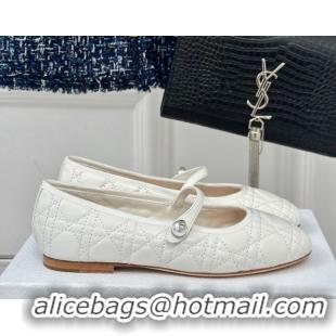 Stylish Dior Mary Janes Ballet Flats in Quilted Cannage Calfskin White 604019