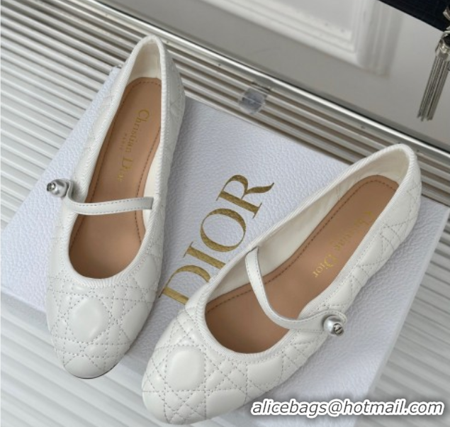 Stylish Dior Mary Janes Ballet Flats in Quilted Cannage Calfskin White 604019