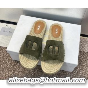 Stylish Dior D-Club Flat Espadrille Slide Sandals in CD Suede Green 604023