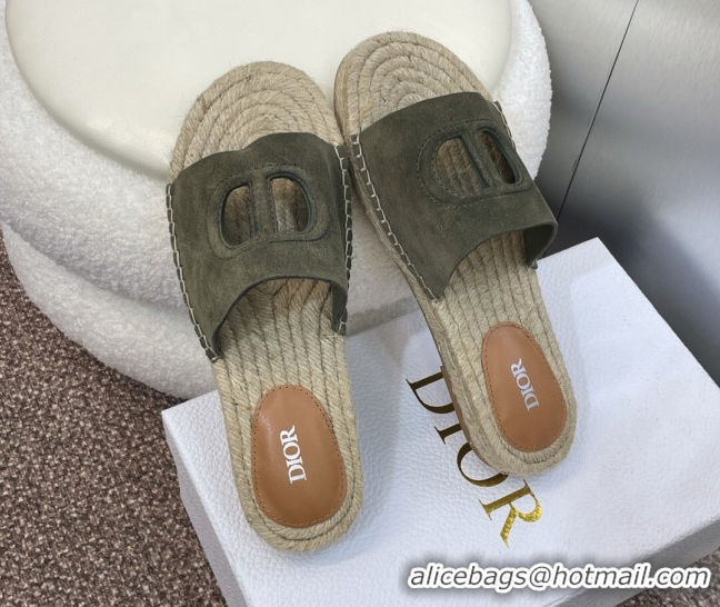 Stylish Dior D-Club Flat Espadrille Slide Sandals in CD Suede Green 604023