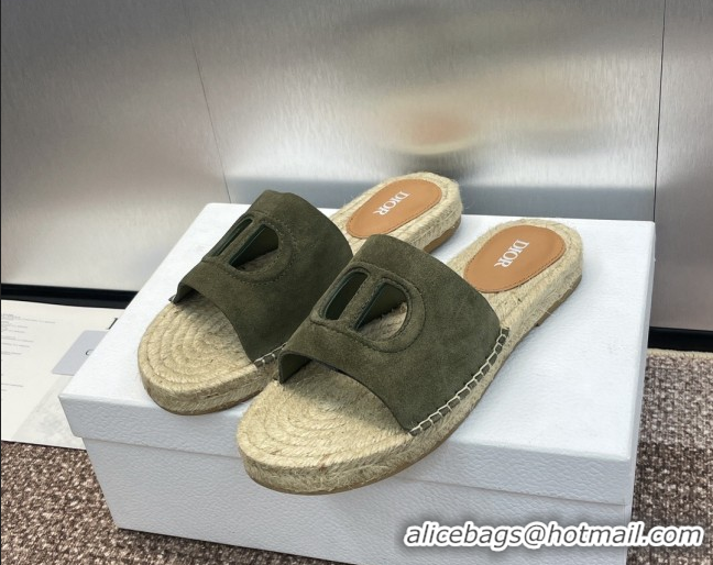 Stylish Dior D-Club Flat Espadrille Slide Sandals in CD Suede Green 604023