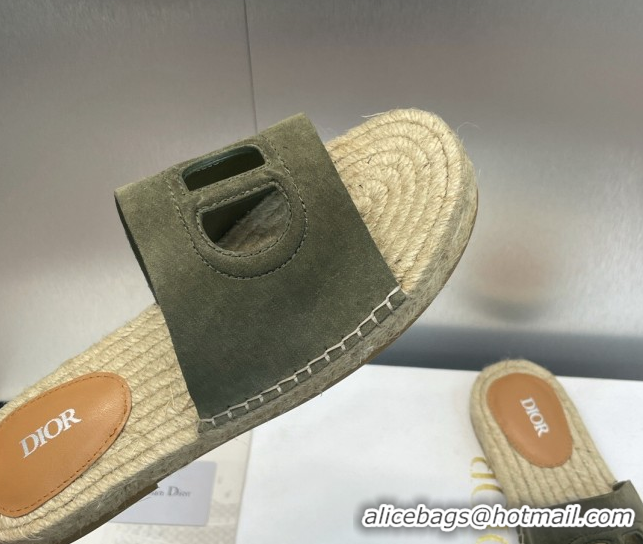 Stylish Dior D-Club Flat Espadrille Slide Sandals in CD Suede Green 604023