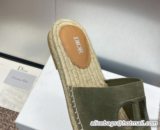 Stylish Dior D-Club Flat Espadrille Slide Sandals in CD Suede Green 604023