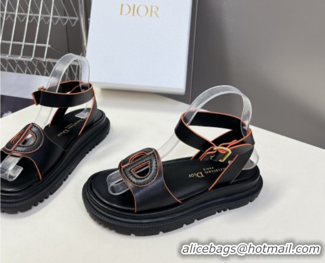 Luxurious Dior D-Club Sandals with Ankle Strap in Calfskin Black/Orange 604027