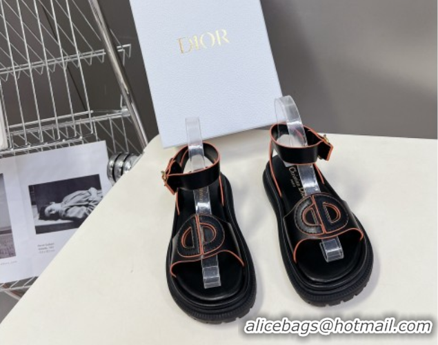 Luxurious Dior D-Club Sandals with Ankle Strap in Calfskin Black/Orange 604027