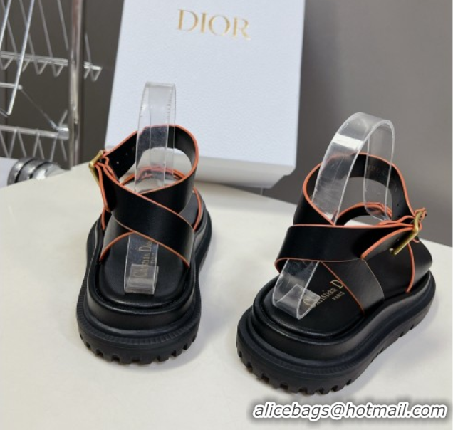 Luxurious Dior D-Club Sandals with Ankle Strap in Calfskin Black/Orange 604027