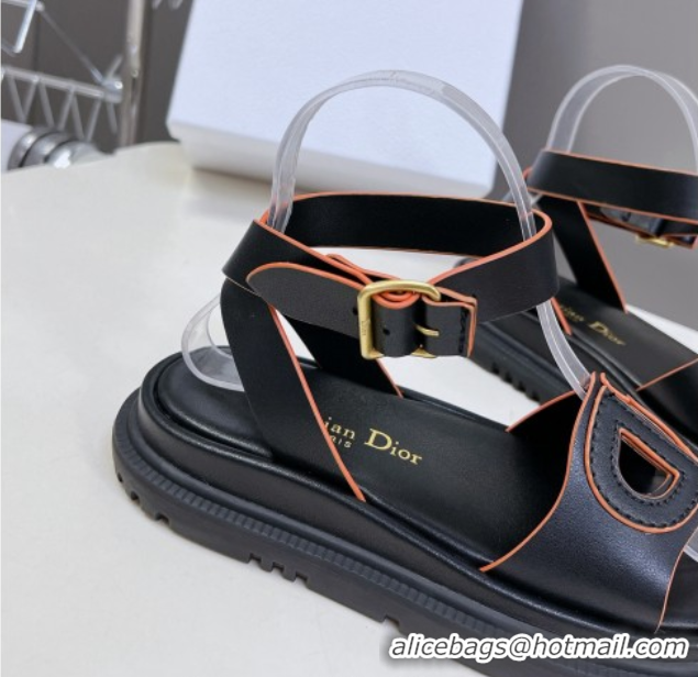 Luxurious Dior D-Club Sandals with Ankle Strap in Calfskin Black/Orange 604027