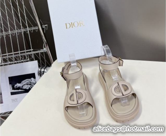 Duplicate Dior D-Club Sandals with Ankle Strap in Calfskin Light Grey/Coffee Trim 604032