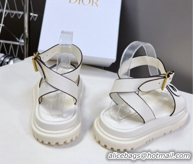 Pretty Style Dior D-Club Sandals with Ankle Strap in Calfskin White/Coffee Trim 604036