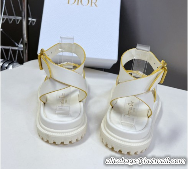 Low Price Dior D-Club Sandals with Ankle Strap in Calfskin White/Yellow Trim 604038