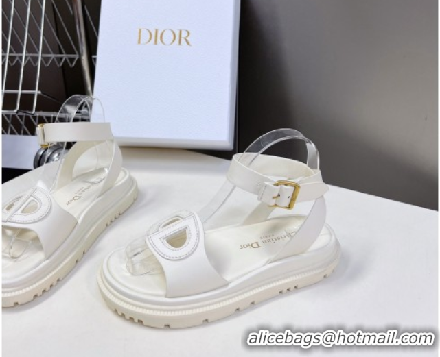 Crafted Dior D-Club Sandals with Ankle Strap in Calfskin Leather White 604039