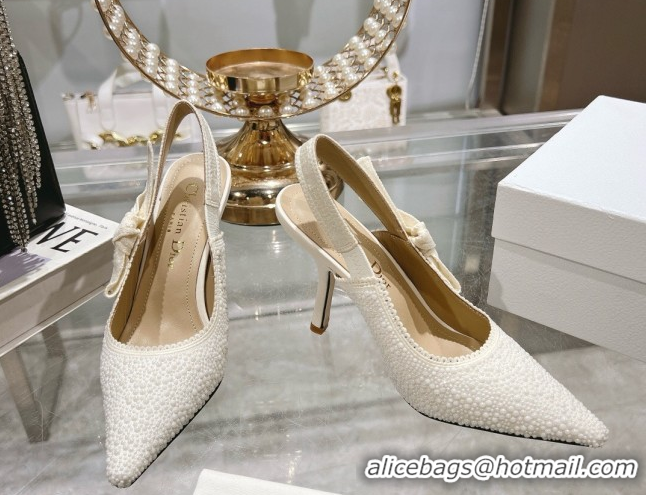 Classic Hot Dior J'Adior Slingback Pumps 9.5cm in Strass Embroidery White 604052