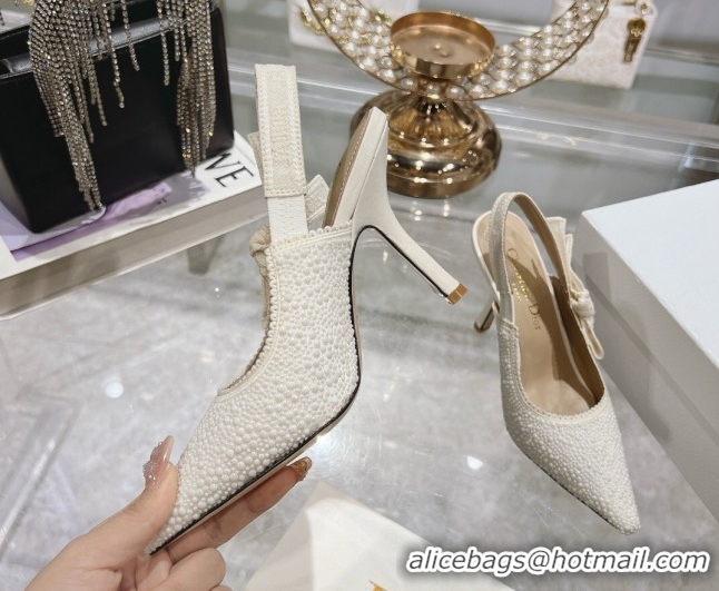 Classic Hot Dior J'Adior Slingback Pumps 9.5cm in Strass Embroidery White 604052