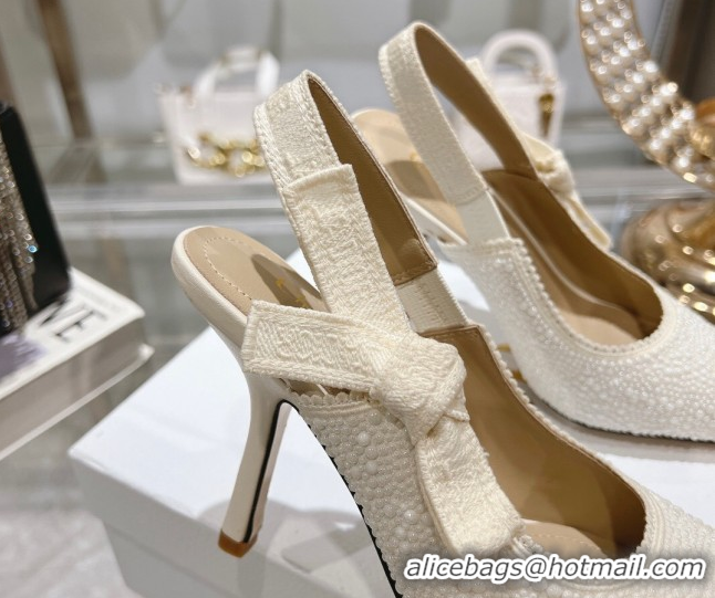 Classic Hot Dior J'Adior Slingback Pumps 9.5cm in Strass Embroidery White 604052