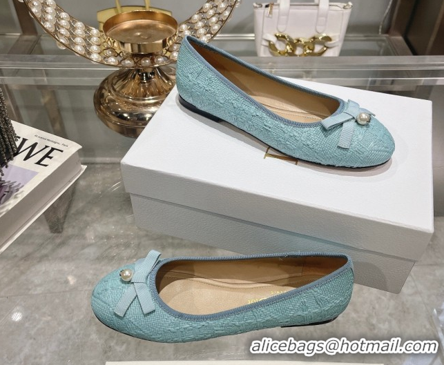 Luxury Cheap Dior Ballet Flats in Cannage Raffia Straw with Pearl Bow Blue 604077