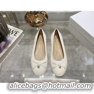 Luxury Dior Ballet Flats in Cannage Raffia Straw with Pearl Bow White 604078