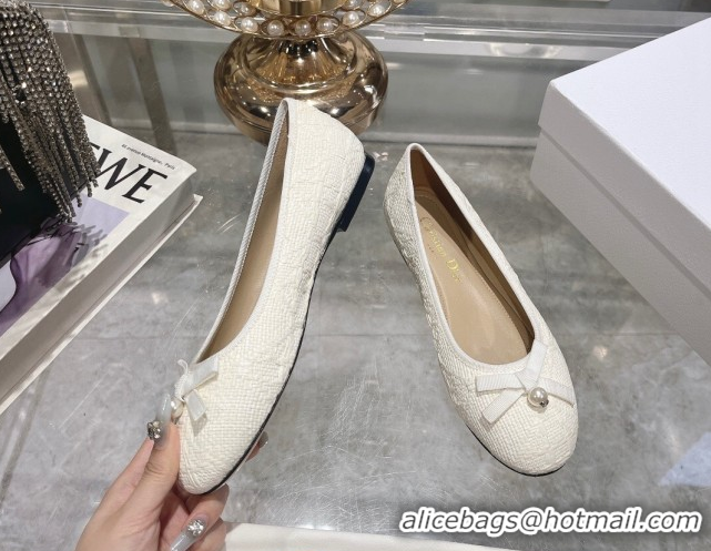 Luxury Dior Ballet Flats in Cannage Raffia Straw with Pearl Bow White 604078