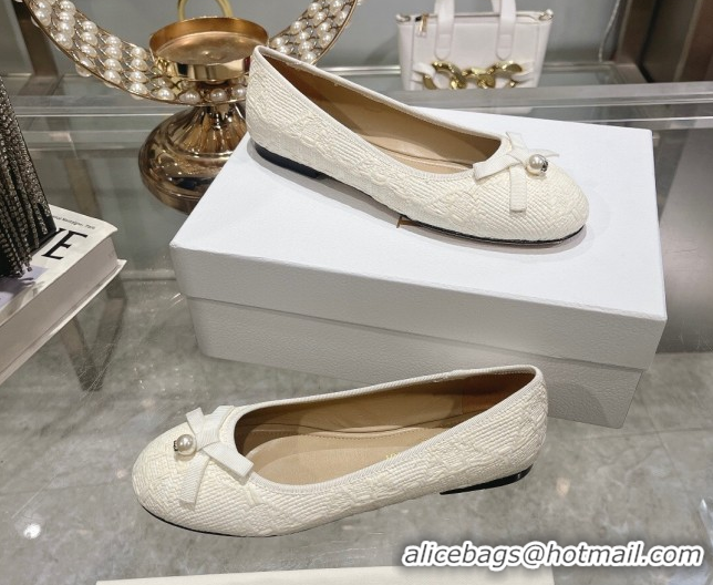 Luxury Dior Ballet Flats in Cannage Raffia Straw with Pearl Bow White 604078