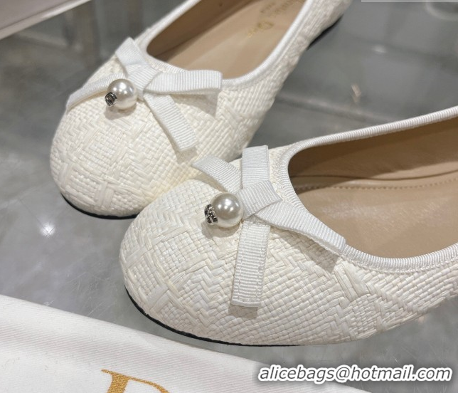 Luxury Dior Ballet Flats in Cannage Raffia Straw with Pearl Bow White 604078