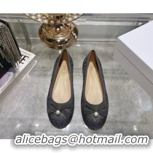 Good Quality Dior Ballet Flats in Cannage Raffia Straw with Pearl Bow Grey 604079