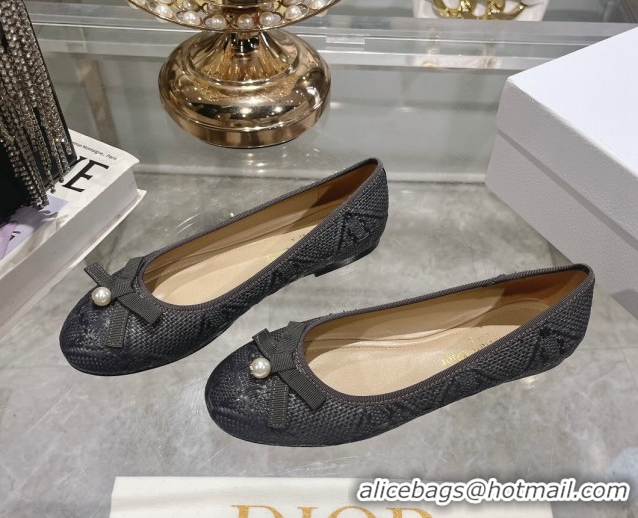 Good Quality Dior Ballet Flats in Cannage Raffia Straw with Pearl Bow Grey 604079