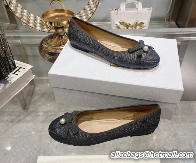 Good Quality Dior Ballet Flats in Cannage Raffia Straw with Pearl Bow Grey 604079