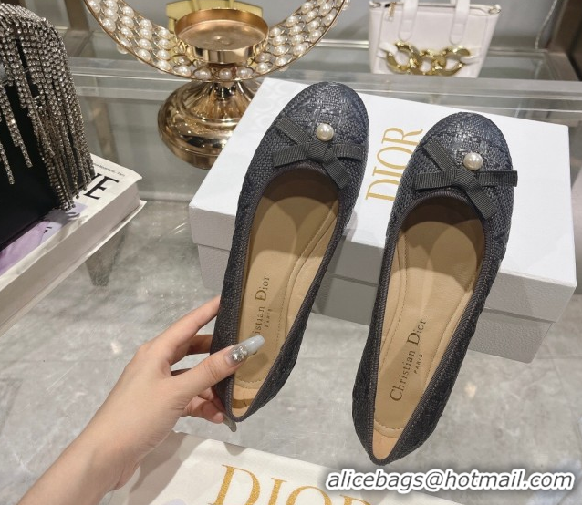 Good Quality Dior Ballet Flats in Cannage Raffia Straw with Pearl Bow Grey 604079