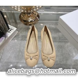 Top Design Dior Ballet Flats in Cannage Raffia Straw with Pearl Bow Beige 604080