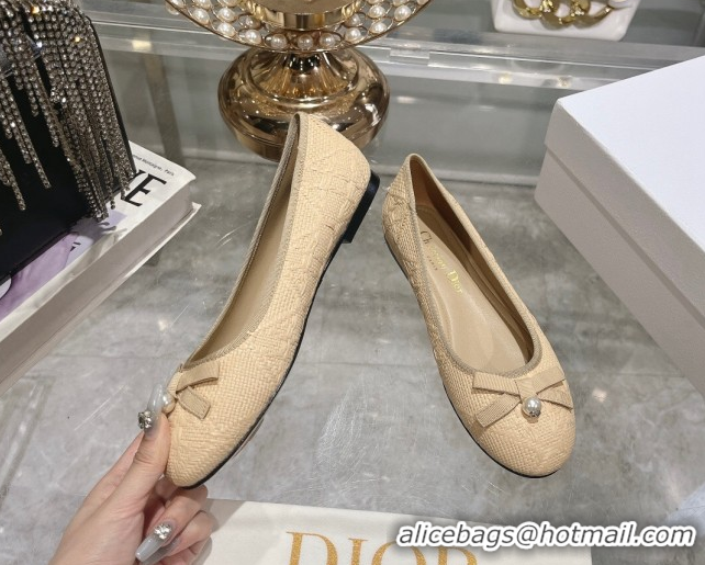 Top Design Dior Ballet Flats in Cannage Raffia Straw with Pearl Bow Beige 604080