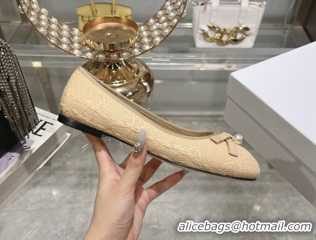 Top Design Dior Ballet Flats in Cannage Raffia Straw with Pearl Bow Beige 604080