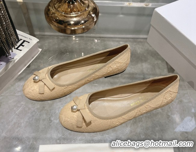 Top Design Dior Ballet Flats in Cannage Raffia Straw with Pearl Bow Beige 604080