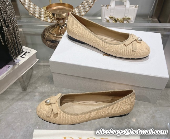 Top Design Dior Ballet Flats in Cannage Raffia Straw with Pearl Bow Beige 604080