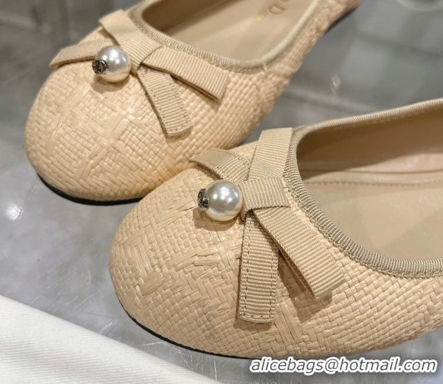 Top Design Dior Ballet Flats in Cannage Raffia Straw with Pearl Bow Beige 604080