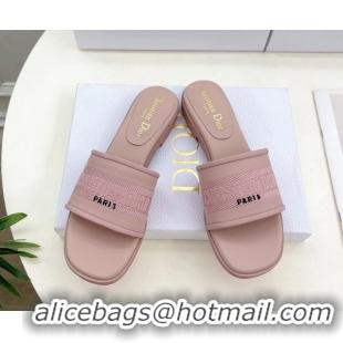 Duplicate Dior Dway Flat Slide Sandals in Embroidered Calfskin Pink 604081